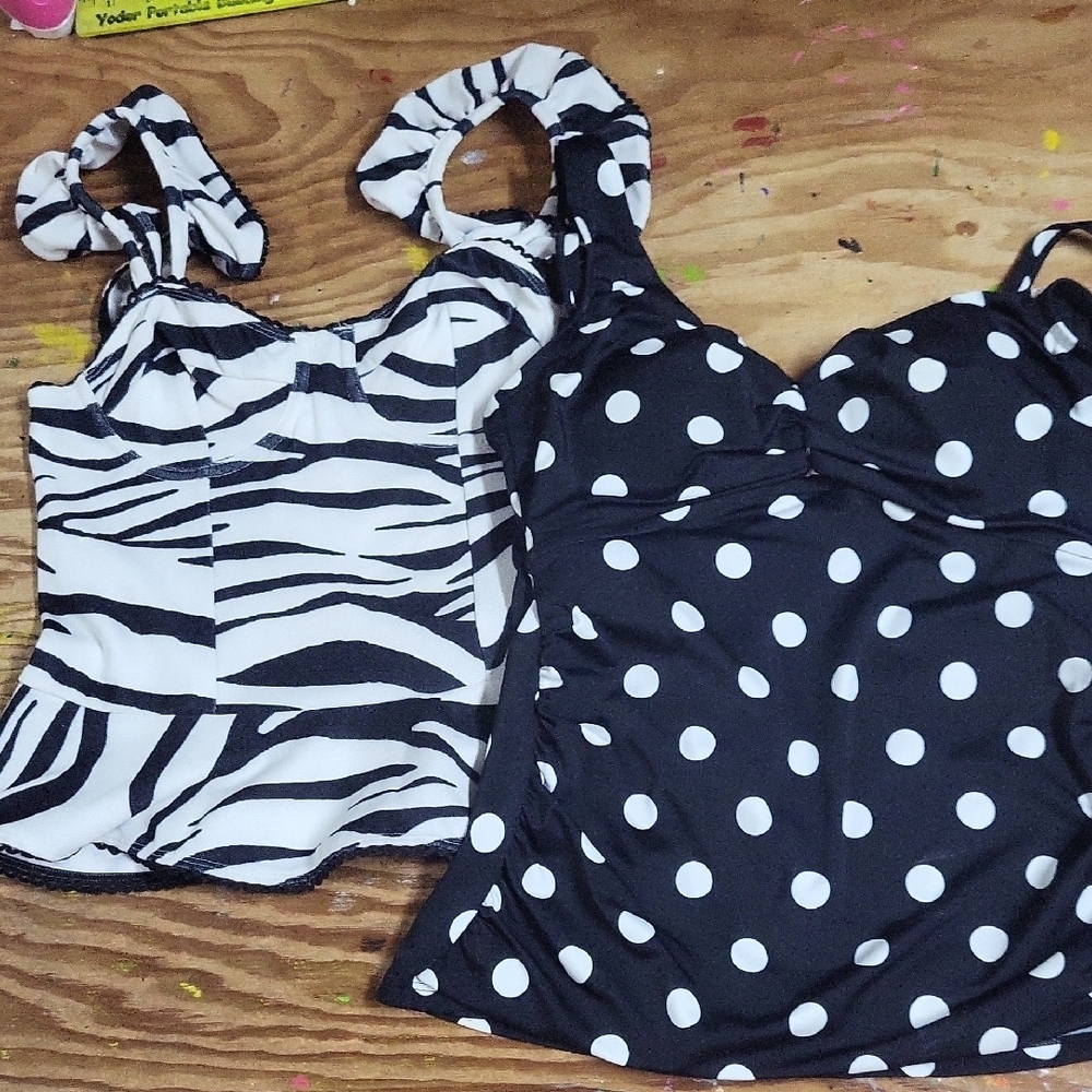 River Island Black and White Bustier Peplum Tank Tankini sz 10 2 for 1